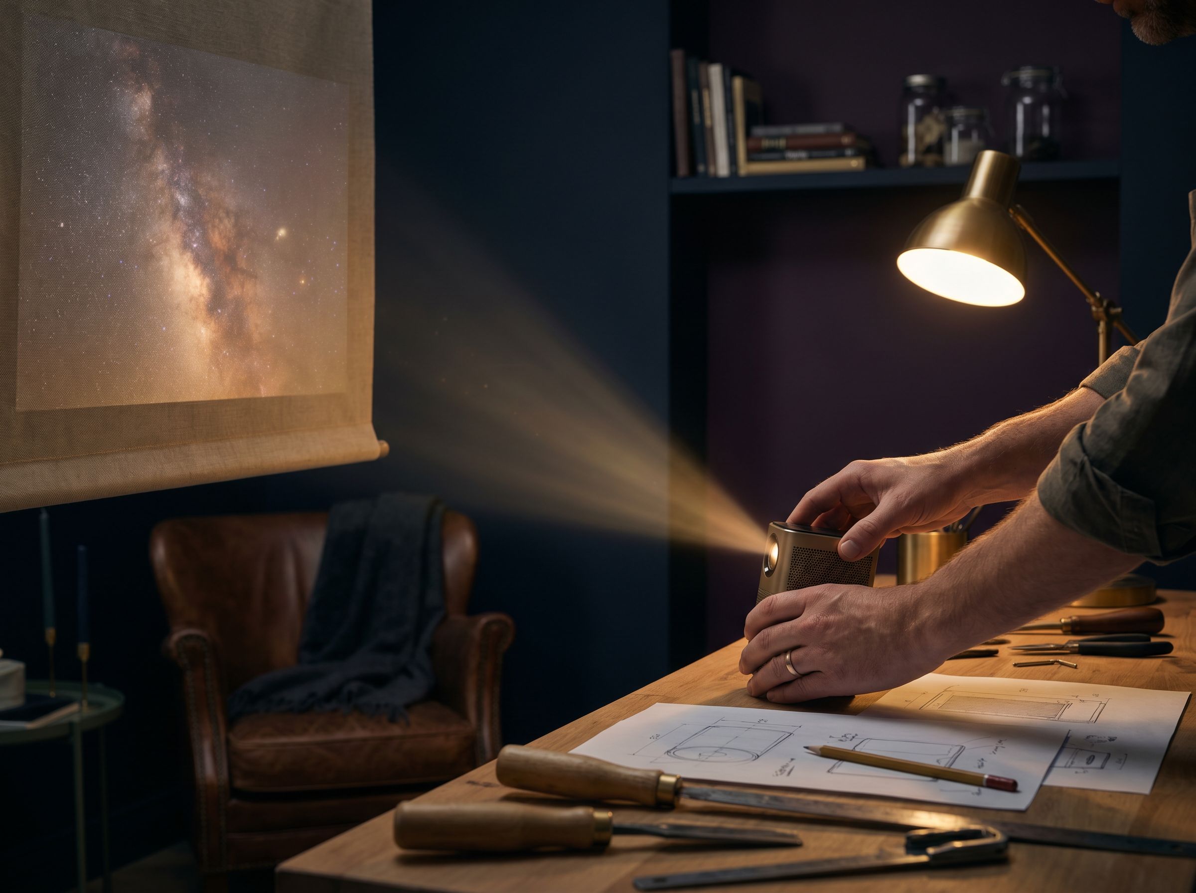 Scène d'intérieur tamisé — mini-projecteur en marche dans la pénombre, faisceau lumineux